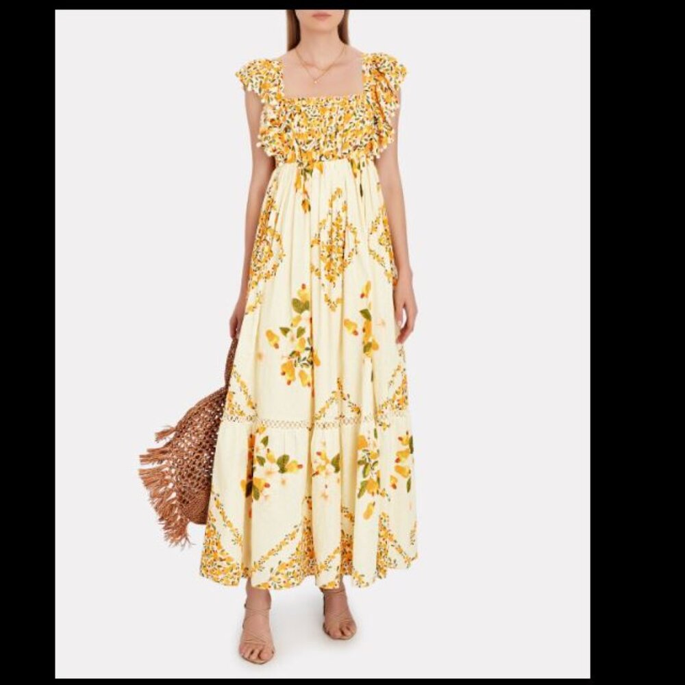 Farm Rio Off-White Cashew Crossback Lemon Floral Maxi Dress